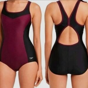 Speedo Black and Burgundy Contrast Racerback One-Piece Swimwear